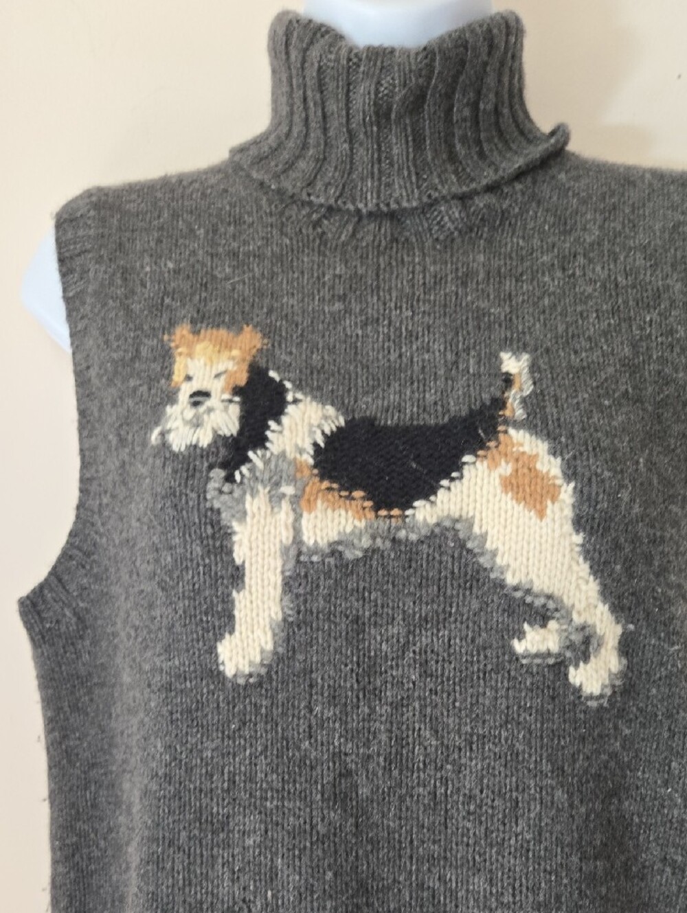 Ralph Lauren Dark Charcoal Gray Turtleneck Sleeveless Sweater with Dog Intarsia. - Picture 3 of 10
